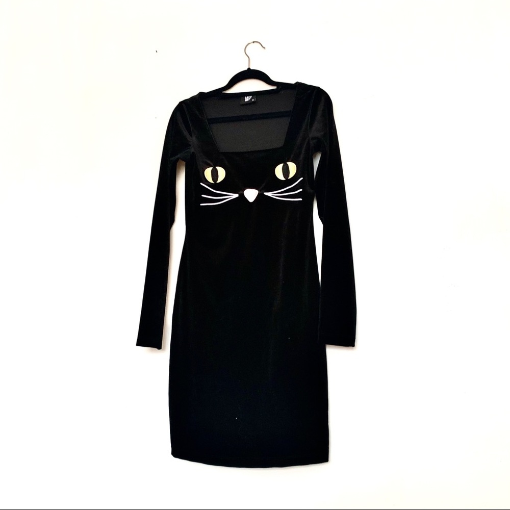 Lazy Oaf Black Velvet Cat Face Dress with Yellow Eyes